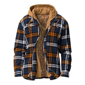 Men's Winter Flannel Quilted Lined Plaid Hooded Shirt Jacket